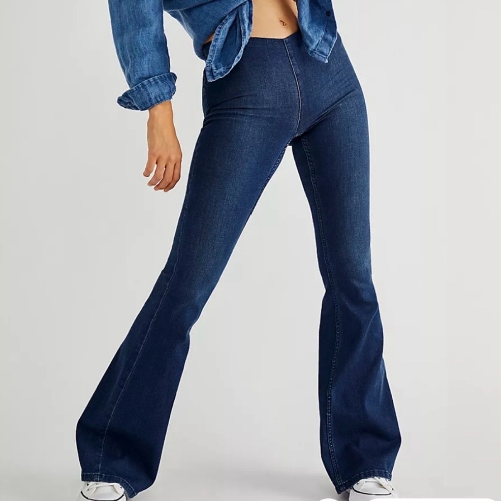 Free People Dark Blue High-Waist Flare Jeans